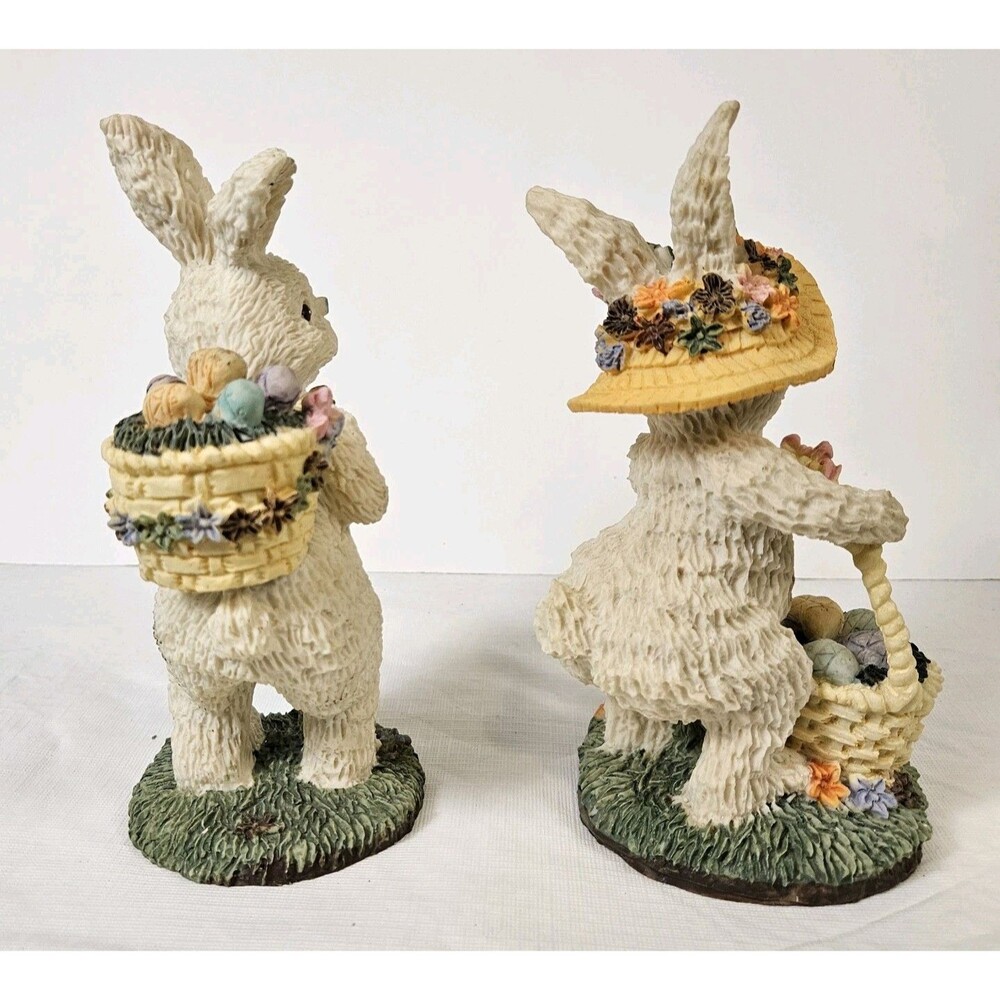 Vintage Easter Bunnies Pair Couple Collection Resin figurines Basket of Eggs - Picture 11 of 15